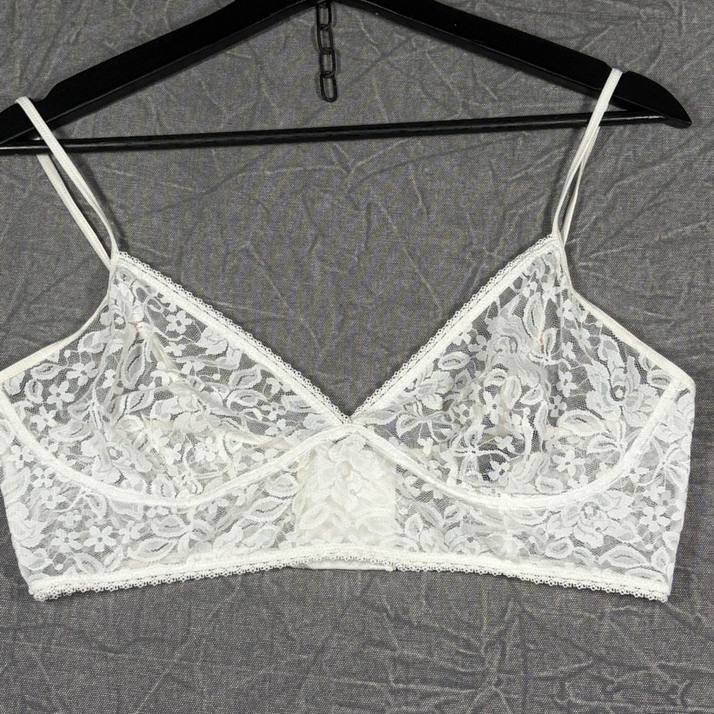 INC Bralette Womens Large White Lace Intimates Triangle Underwire Sheer Floral